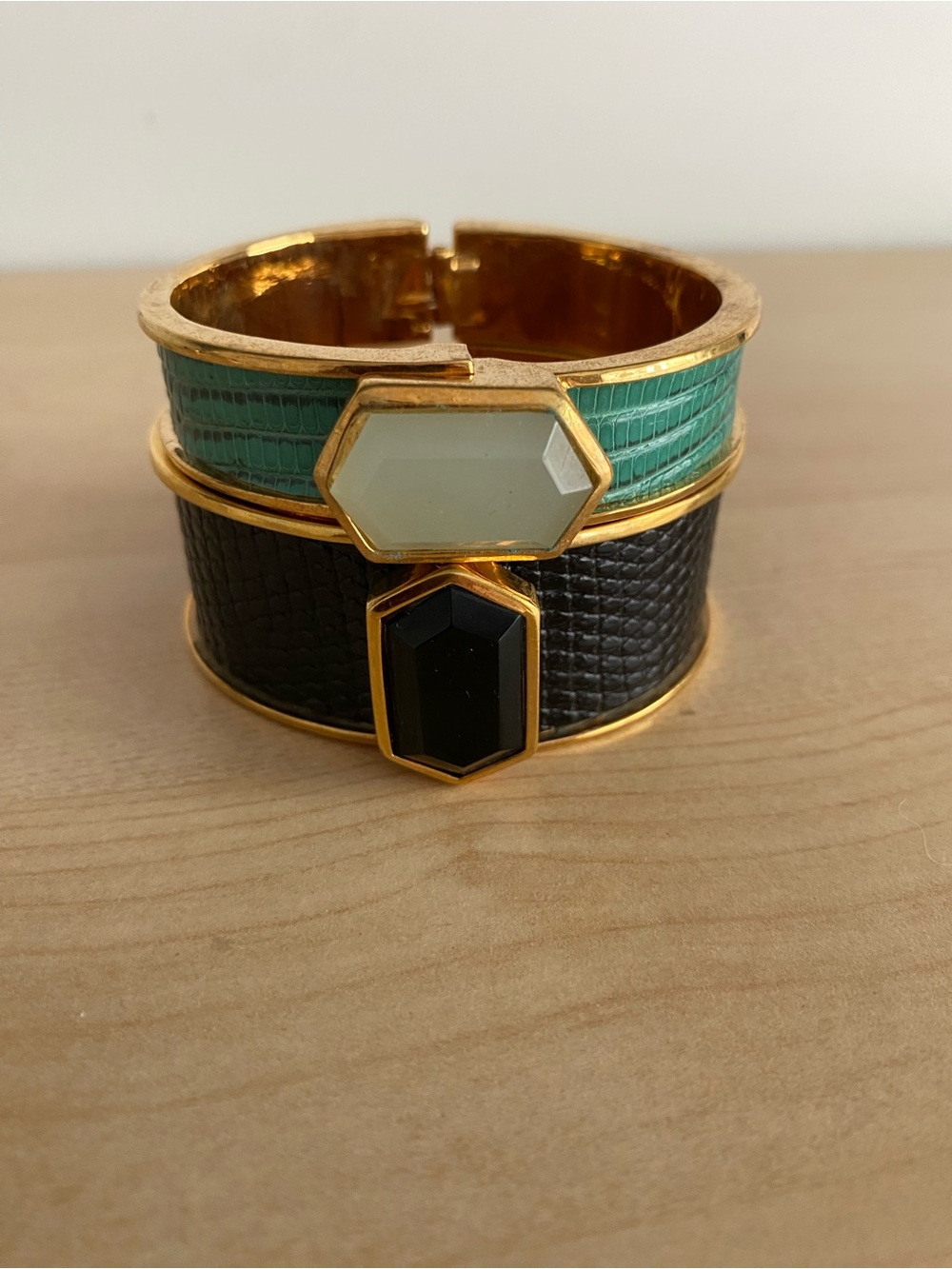 Gold-Tone Green and Black Enamel Cuff Bracelet with Stone Accents